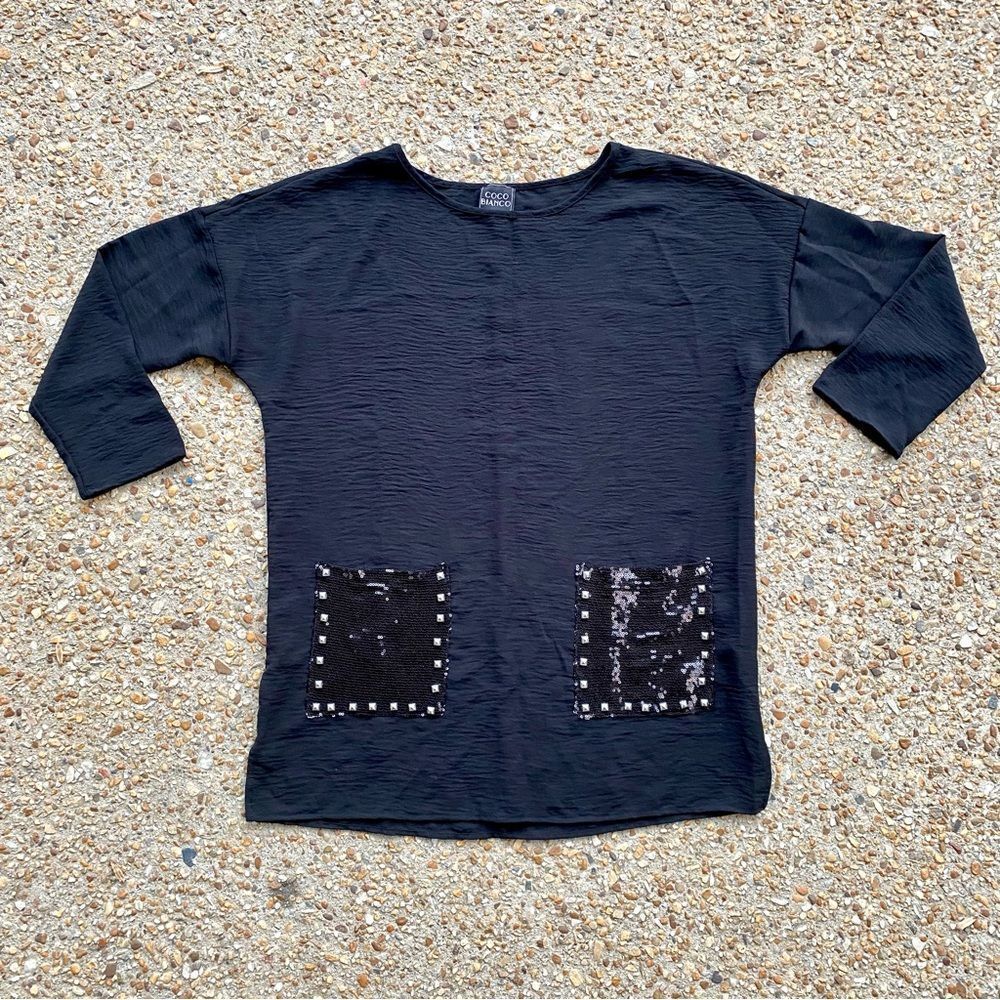 Coco Bianco Black Sequin Rivet Pockets Tunic Oversized Blouse Size M